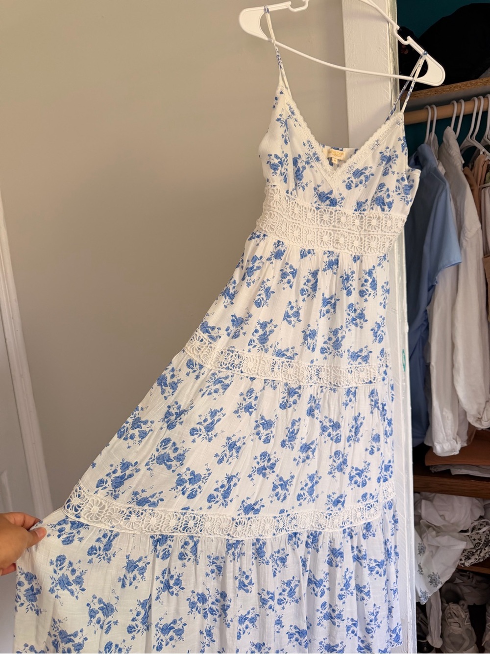 Rebellion White and Blue Floral Lace Maxi Dress